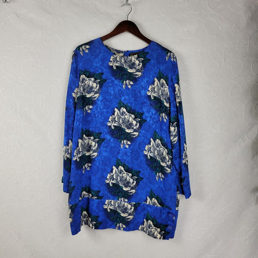 Vintage‎ St Gillian Womens Dress Size 16 Blue Floral Printed Silk Long Sleeve
